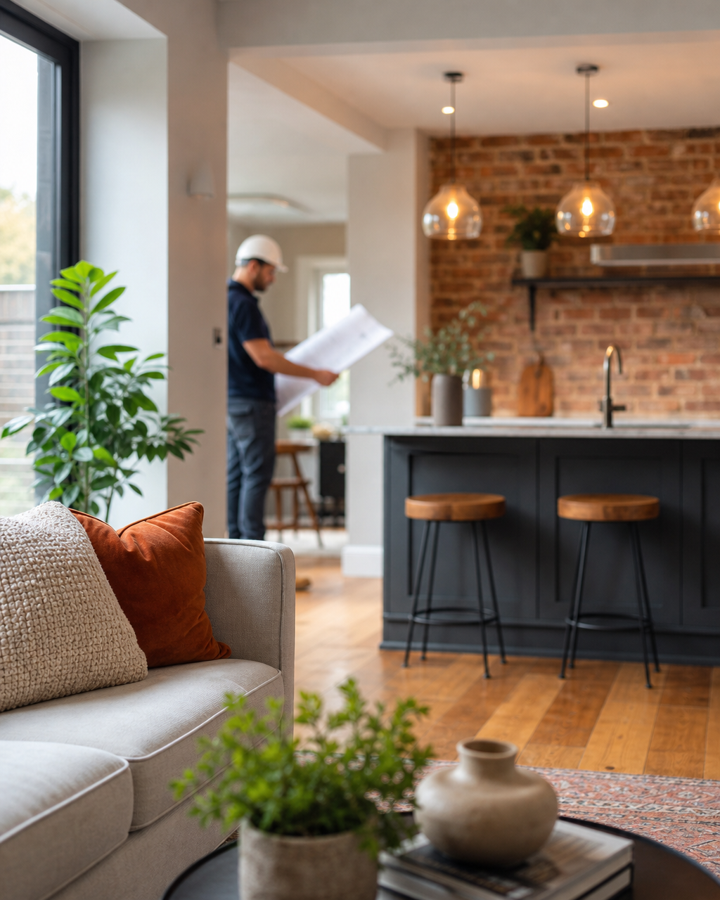Revive refurbished kitchen and living space with a tradesman reviewing plans