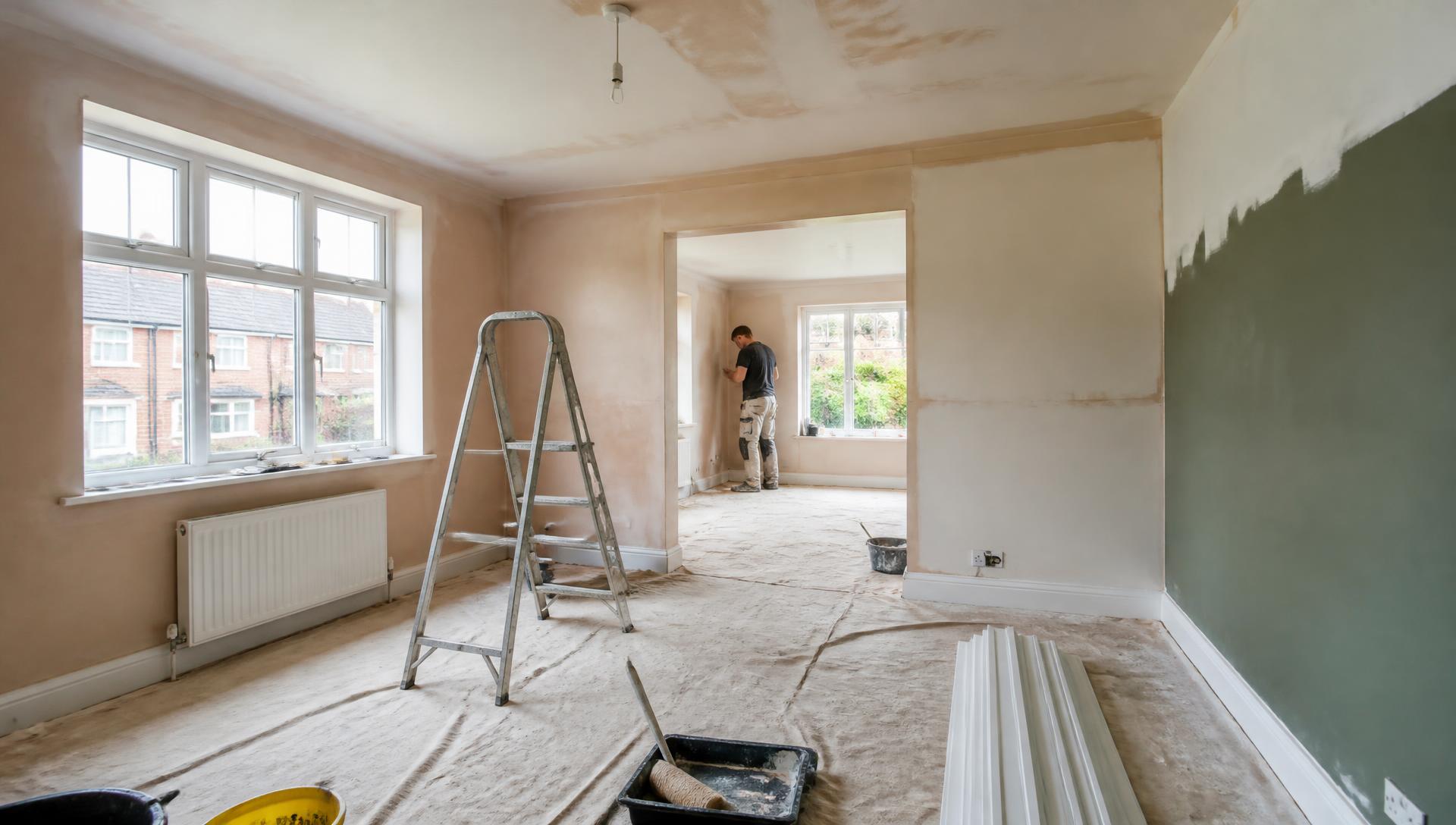 Property refurbishment in progress — freshly plastered walls, new skirting and dust sheets on a Revive Property Services project