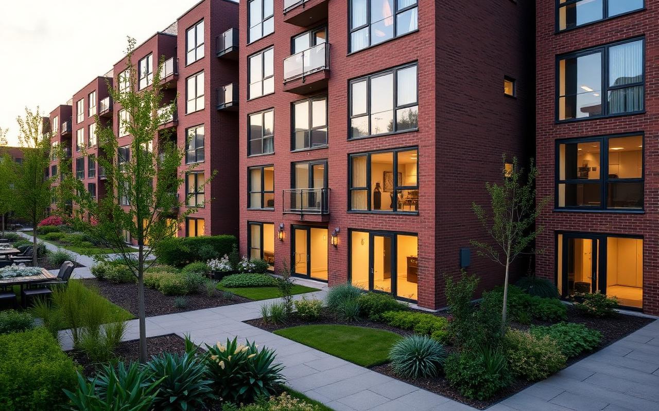 Modern Build-to-Rent apartment building with landscaped courtyard