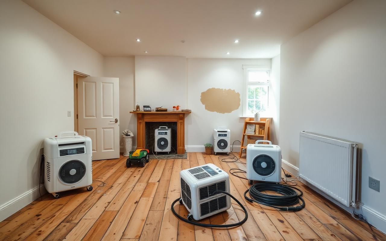 Home interior undergoing reinstatement drying and restoration