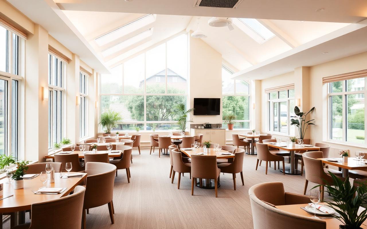 Modern retirement living communal dining and lounge area