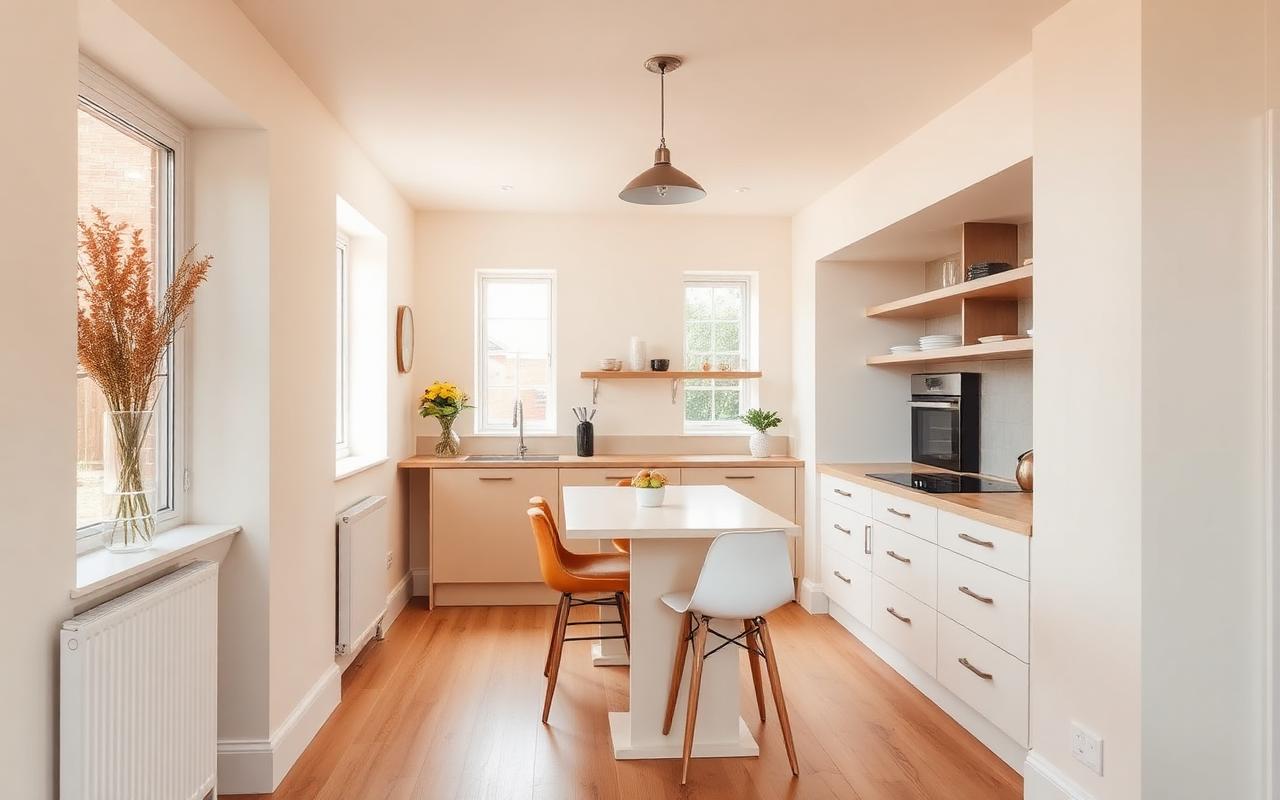 Refurbished modern British home interior with new kitchen and warm daylight